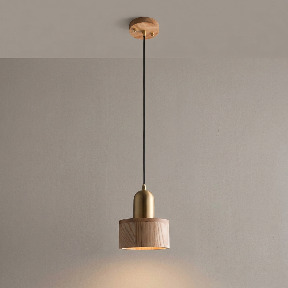 Japanese Walnut Wood Cylinder Pendant Light